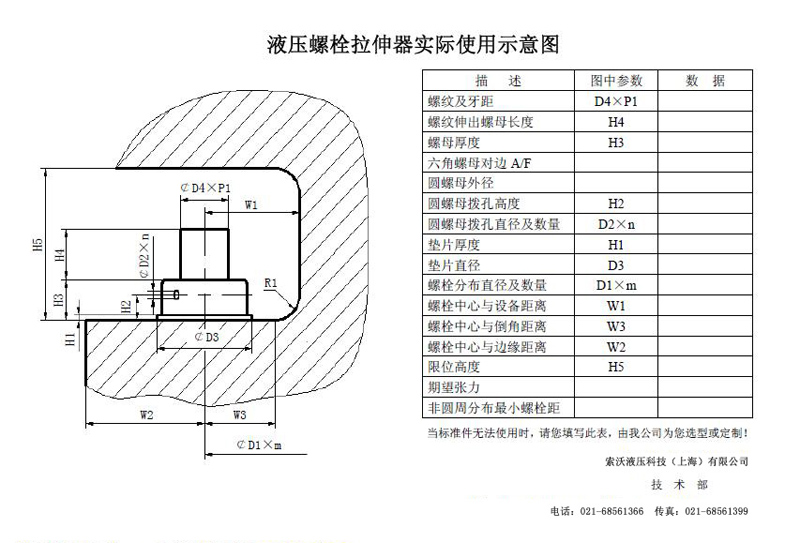 液压螺栓拉伸器实际使用参数对照示意图